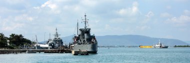 Songkhla, Thailand - July 19 2007: Boat of the Royal Thai Navy moored in the port of Songkhla. clipart