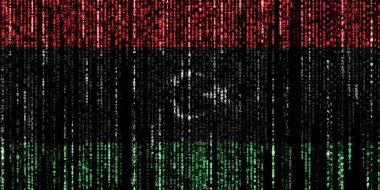 Libya bayrağı bilgisayar ikili kodlarında tepeden düşüyor ve kayboluyor.