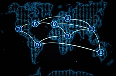 International bitcoin transactions on a dark world map background.