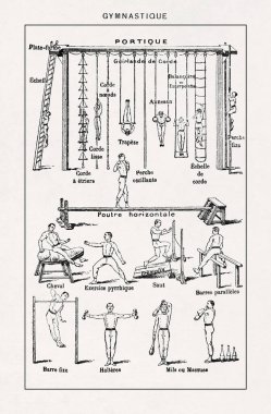 Illustration printed in a late 19th century French dictionary depicting some popular gymnastic exercises. clipart
