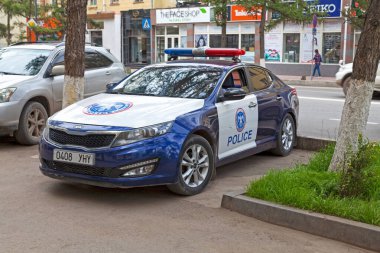 Ulan Bator, Mongolia - July 31 2018: Police car parked outside of a police station in the capital.