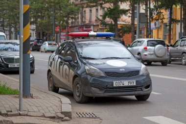 Ulan Bator, Mongolia - July 31 2018: Police car parked in the street of the capital. clipart