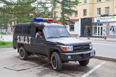 Ulan Bator, Mongolia - July 31 2018: 4X4 of the SWAT parked outside of a police station in the capital.