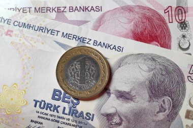 10 liralık banknotun üstünde 5 liralık bir madeni paraya yakın çekim (Dene).