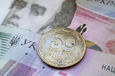 Arkaplan olarak Ukrayna Hryvnia parası ve banknotları.