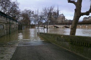 Paris, Fransa - 24 Ocak 2018: Notre Dame de Paris 'in önündeki Seine.