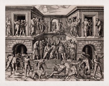 The Martyrdom of Saint Lawrence is a drawing by Baccio Bandinelli and engraved by Marc Antoine around 1526. clipart