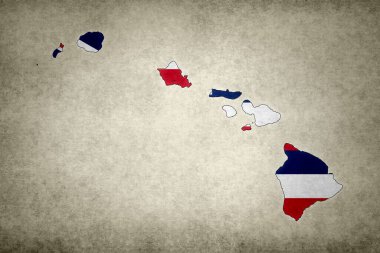 Hawaii eyaletinin (ABD) eski bir kağıda bayrağı basılmış Grunge haritası.