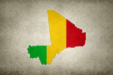 Mali 'nin Grunge haritası. Sınırında bayrağı eski bir kağıda basılmış..