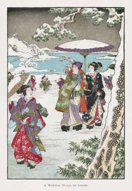 Japon halkının Utagawa Kunisada II tarafından 1857 'de oluşturulan kış aylarında parkta yürüyüşü..