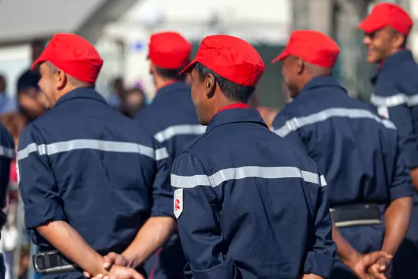 stock image Saint Denis, Reunion - July 14 2016: French firefighters parading during Bastille Day.