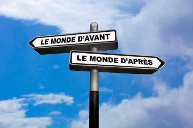 Two direction signs, one pointing left and the other one, pointing right, with written in them in French : Le monde d'avant / Le monde d'apres, meaning in English: The world before / The world after. clipart