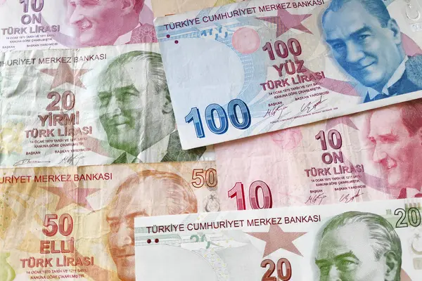 stock image Stack of Turkish lira (TRY) banknotes as background.