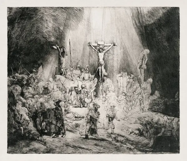 stock image The Three Crosses is a 	drypoint print made in 1747 by Rembrandt. It depicts Jesus Christ Crucified Between the Two Thieves.