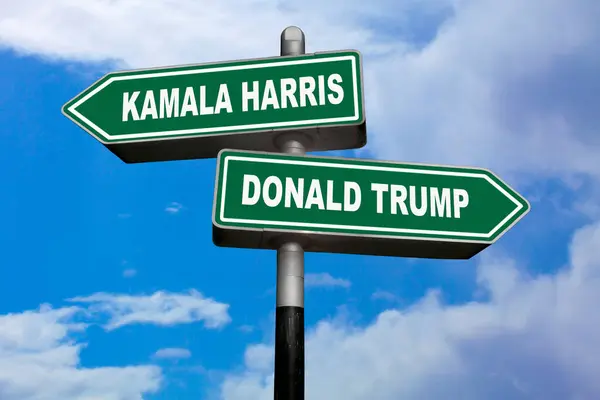 İki yön işareti, biri solu işaret eden (Kamala Harris), diğeri de sağı işaret eden (Donald Trump).