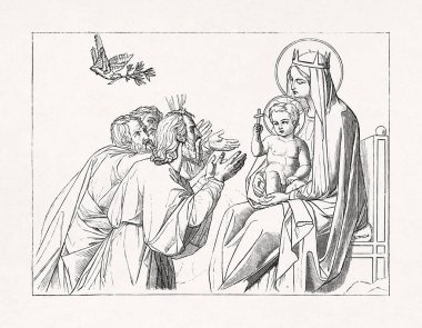 Meryem Ana 'nın annesi, Başpiskoposların kraliçesi Musa' nın, Nuh 'un güvercini ve İbrahim' in. Orsel 'in 19. yüzyılda Paris' teki Notre-Dame de Lorette kilisesinde yaptığı bir freskten esinlenerek yapılmış..