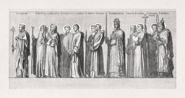 Aziz Joseph, Efendimizin üvey babası, Yeni Kanunun ilk azizi. Hippolyte Flandrin 'in 19. yüzyılda Paris' teki Saint-Vincent de Paul kilisesinde yaptığı bir freskten esinlenerek yapılmış..
