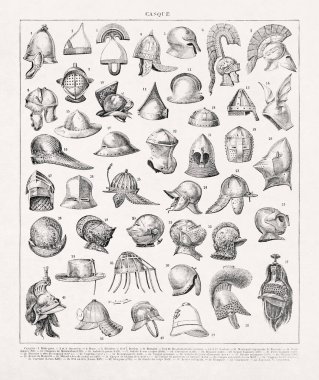 19. yüzyılın sonlarındaki Fransızca sözlüklerden kalma miğferler hakkında bir resim..