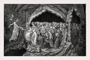 İsa Mesih, Eski Ahit 'in azizlerini serbest bırakmak için arafa iner. Simone Martini 'nin 14. yüzyılda Floransa' daki Santa Maria Novella kilisesinde yaptığı bir freskten sonra oyma..