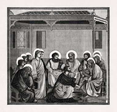 İsa, havarilerine tevazu ve merhamet öğretmek için onların ayaklarını yıkar. Padua 'daki Arena Kilisesi' nde 14. yüzyıldan kalma Giotto di Bondone 'nin bir freskinden esinlenilmiştir..