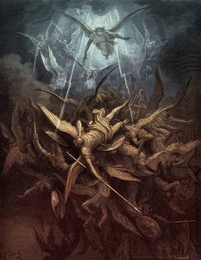 Cennetteki savaş sırasında isyancı meleklerin düşüşünü resmediyordu. Gustave Dore tarafından Milton 'un Kayıp Cennet' ini resmetmek için yapıldı..