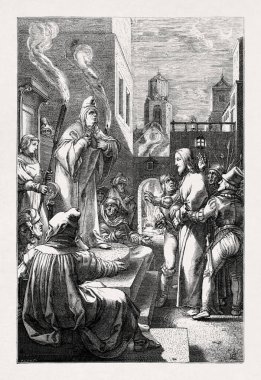 16th century engraving by Hendrick Goltzius depicting Christ before the High Priest Caiaphas. clipart