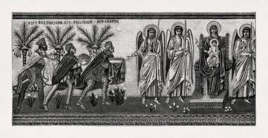 Engraving depicting the Magi (Balthasar, Melchior, and Gaspar) making their offerings to Jesus, after a Byzantine mosaic in the Church of San Vitale in Ravenna dating from the 7th century. clipart