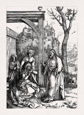 Engraving depicting the healing of a crippled woman by Jesus Christ made in the 16th century by Albrecht Durer. clipart