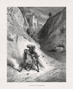 Illustration made by Gustave Dore in the 19th century new edition of the La Fontaine's Fables named The Lion and the Gnat. clipart