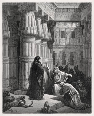 Mısırlıların Musa 'ya 1866' da Gustave Dore tarafından Kutsal İncil 'in yeni baskısını göstermek için yola çıkmasını istediğini gösteren bir gravür..