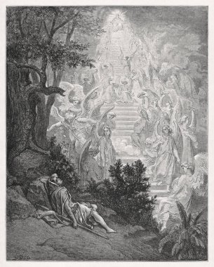 1866 'da Gustave Dore tarafından Kutsal İncil' in yeni baskısını resmetmek için yapılmış Yakup 'un rüyasını resmediyorum..