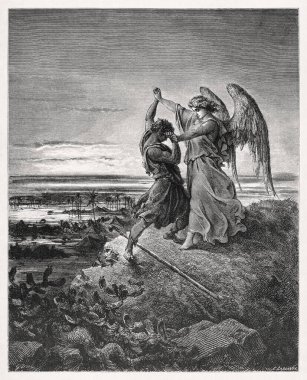 Yakup 'un 1866' da Gustave Dore tarafından Kutsal İncil 'in yeni baskısını resmetmek için yapılan melekle güreşini resmetmek..