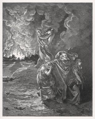 Engraving depicting Lot fleeing as Sodom and Gomorrah burn made in 1866 by Gustave Dore to illustrate a new edition of the Holy Bible. clipart