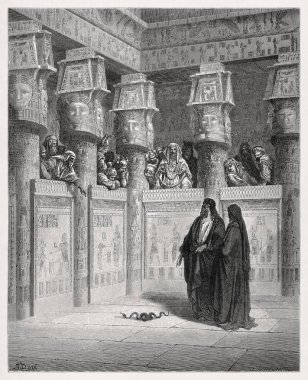 Musa ve Harun 'un 1866' da Gustave Dore tarafından Kutsal İncil 'in yeni baskısını göstermek için Firavun' un huzuruna çıkışını resmetmek..