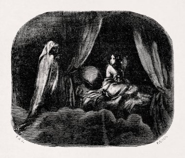 Jacques Collin de Plancy 'nin 1863' te yazdığı sözlük için yatakta bir kadını ziyaret eden hayalet tasviri..
