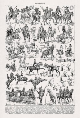 Louis Bombardıman 'ın illüstrasyonu 19. yüzyıl sonlarındaki bir Fransızca sözlükte tarih boyunca ata binme üzerine basıldı..