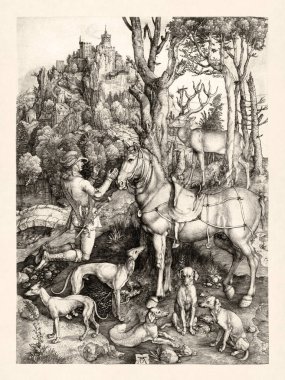 1501 'de Albrecht Durer tarafından yapılan ahşap oyma Aziz Eustace' nin av sırasında geyik boynuzları arasında İsa 'nın görüntüsünü tasvir etmesi..