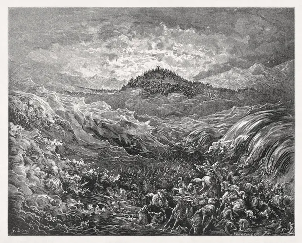 Kızıl Deniz 'de boğulan Mısırlıları temsil eden Gustave Dore' un oyması..