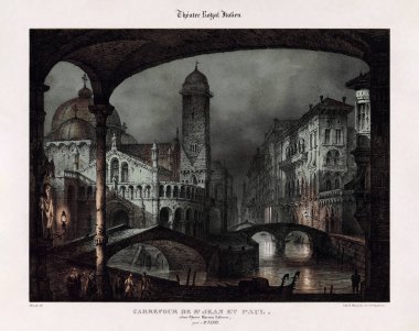 Marino Faliero (Donizetti) operası için Bay Ferri tarafından Paris 'teki Thtre Royal Italien' de sahnelenen bir set tasarımının litografik baskısı. Sahne, Venedik 'teki Campo Santi Giovanni e Paolo' yu gösteriyor. Operanın kilit noktalarından biri.. 
