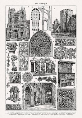 19. yüzyılın sonlarında Fransız sözlüğünde basılan Gotik sanatla ilgili siyah-beyaz çizimler.
