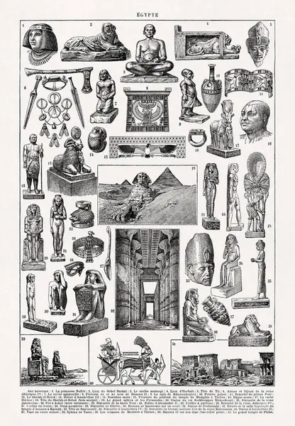 19. yüzyılın sonlarında basılan bir Fransız sözlüğünde Antik Mısır hakkında siyah-beyaz çizimler.