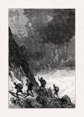 Edouard Riou 'nun, Profesör Lidenbrock ve ekibinin Jules Verne' ün 