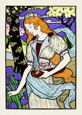 Eugene Grasset 'ın 19. yüzyıl illüstrasyonunda elinde güller tutan kızıl saçlı zarif bir kadın resmedilmiş..