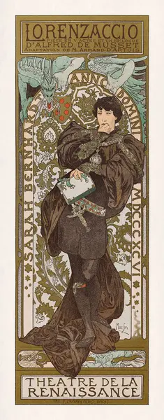 Alfred de Musset tarafından yazılan Lorenzaccio oyunundan Alphonse Mucha 'nın renk taşbaskısı. Lorenzaccio bir erkek olmasına rağmen Sarah Bernhardt bu rolü oynadı..