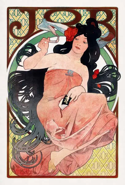Art Nouveau renk taşbaskısı. Yazan: Alphonse Mucha. Sigara içen kadın..