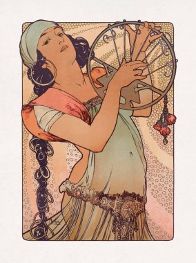 Alphonse Mucha 'dan renk taşbaskısı Salome' u yedi iplikli bir lir çalarken gösteriyor..