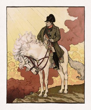 Napolyon Bonapart 'lı Eugene Grasset' ın beyaz atının üzerindeki renk taşbaskısı..