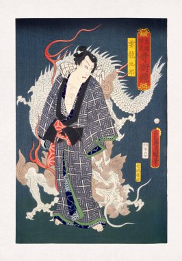 Utagawa Kunisada 'nın 1862' de yaptığı tahta blok baskısı ünlü Kabuki oyuncusu Ichikawa Danjuro IX 'in Unryu Kuro' yu yorumlaması ve büyüsünü yaparken arkasından bir ejderhayı büyülemesi ve elleriyle büyülü bir jest yapması..