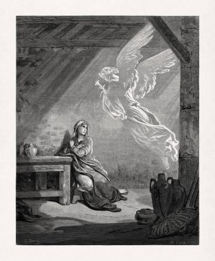 Gustave Dore 'un oyması. Başmelek Gabriel' i temsil ediyor. Meryem 'e vücut bulduğunu ilan ediyor..