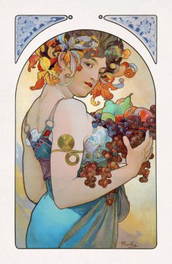 Alphonse Mucha 'nın renk taşbaskısı. Tanrıça gibi bir kadının elinde meyve tutmasını tasvir ediyor. Bolluk ve şehveti simgeliyor..